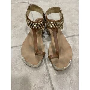 Adar Gold and Brown Leather Studded Sandals W 8